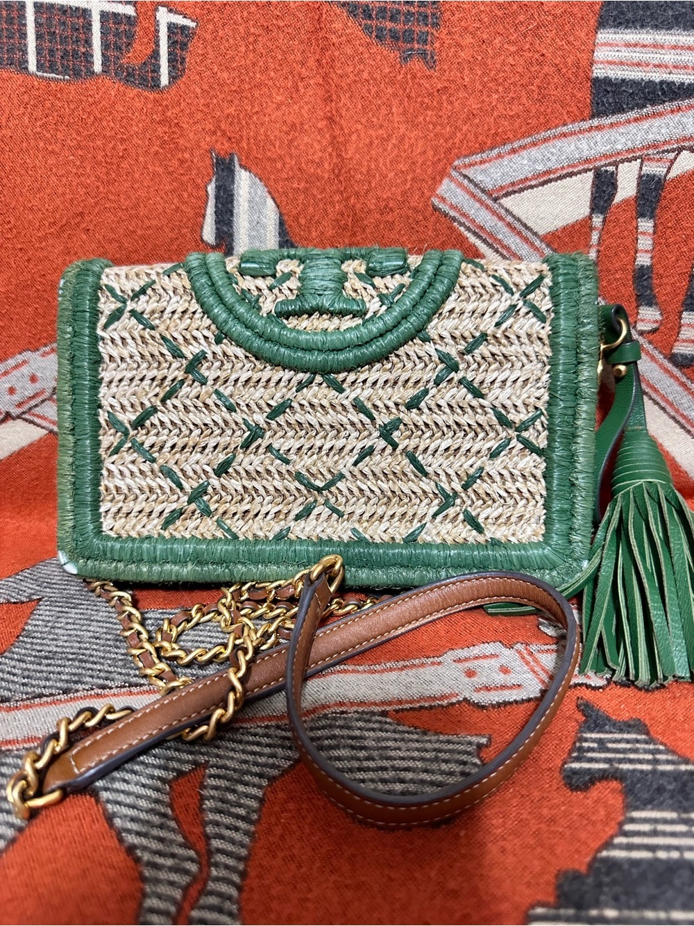 TORY BURCH ❤️🌟GREEN STRAW CROSSBODY BAG WITH TASSEL⭐️